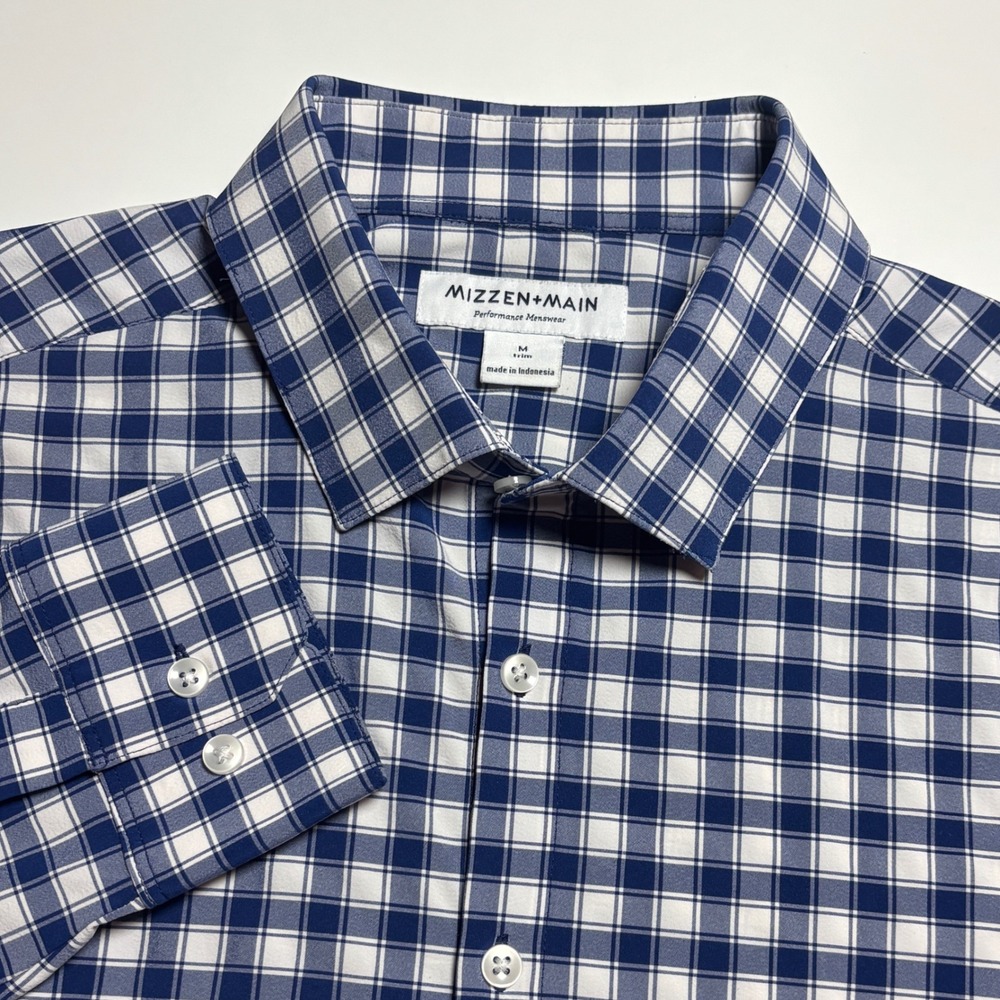 Mizzen Main Leeward Performance Trim Fit Dress‎ Shirt Men's M Gingham Blue White